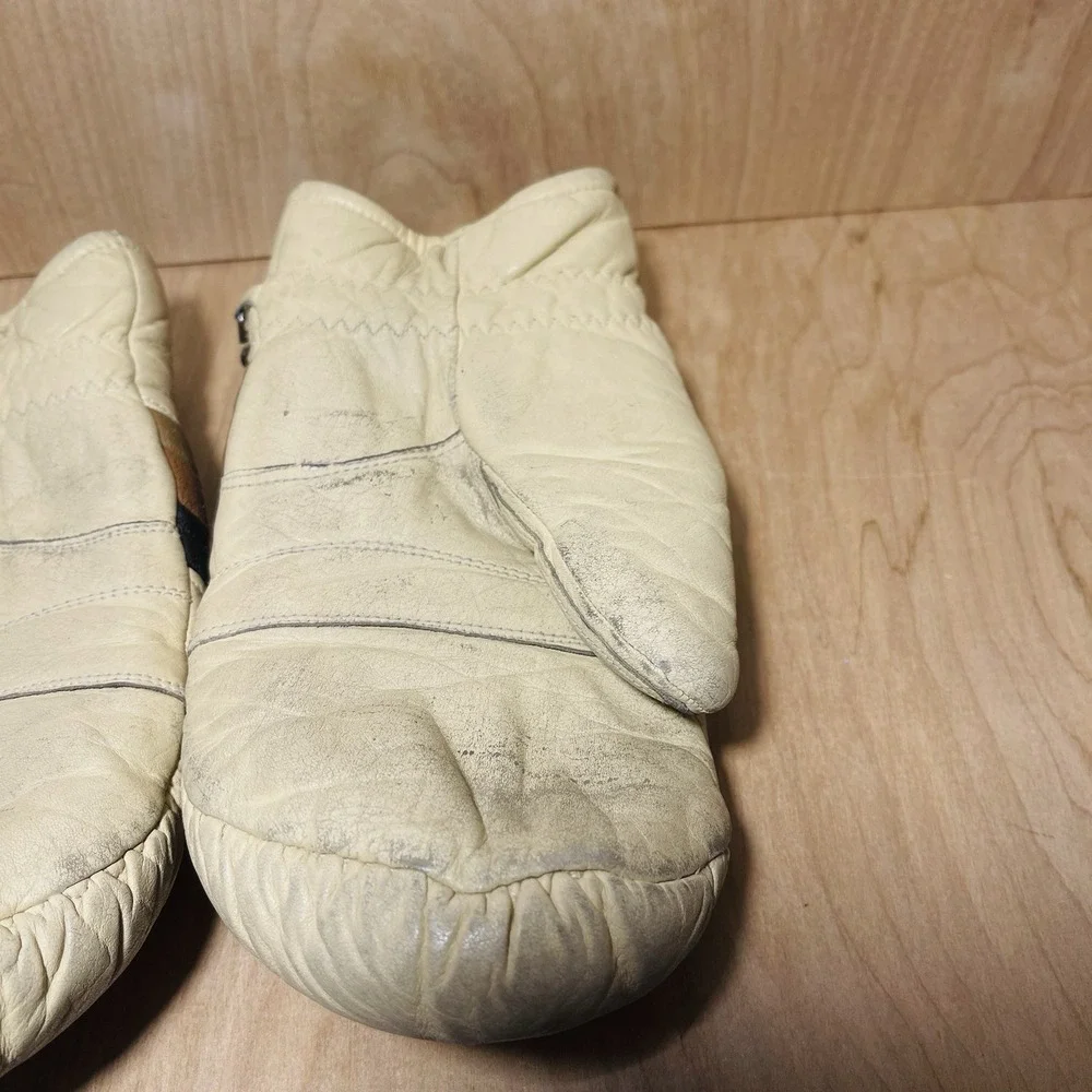 Vintage Hotfingers Leather Mittens Lined Cream Brown Chevron Zipper Skiing Women